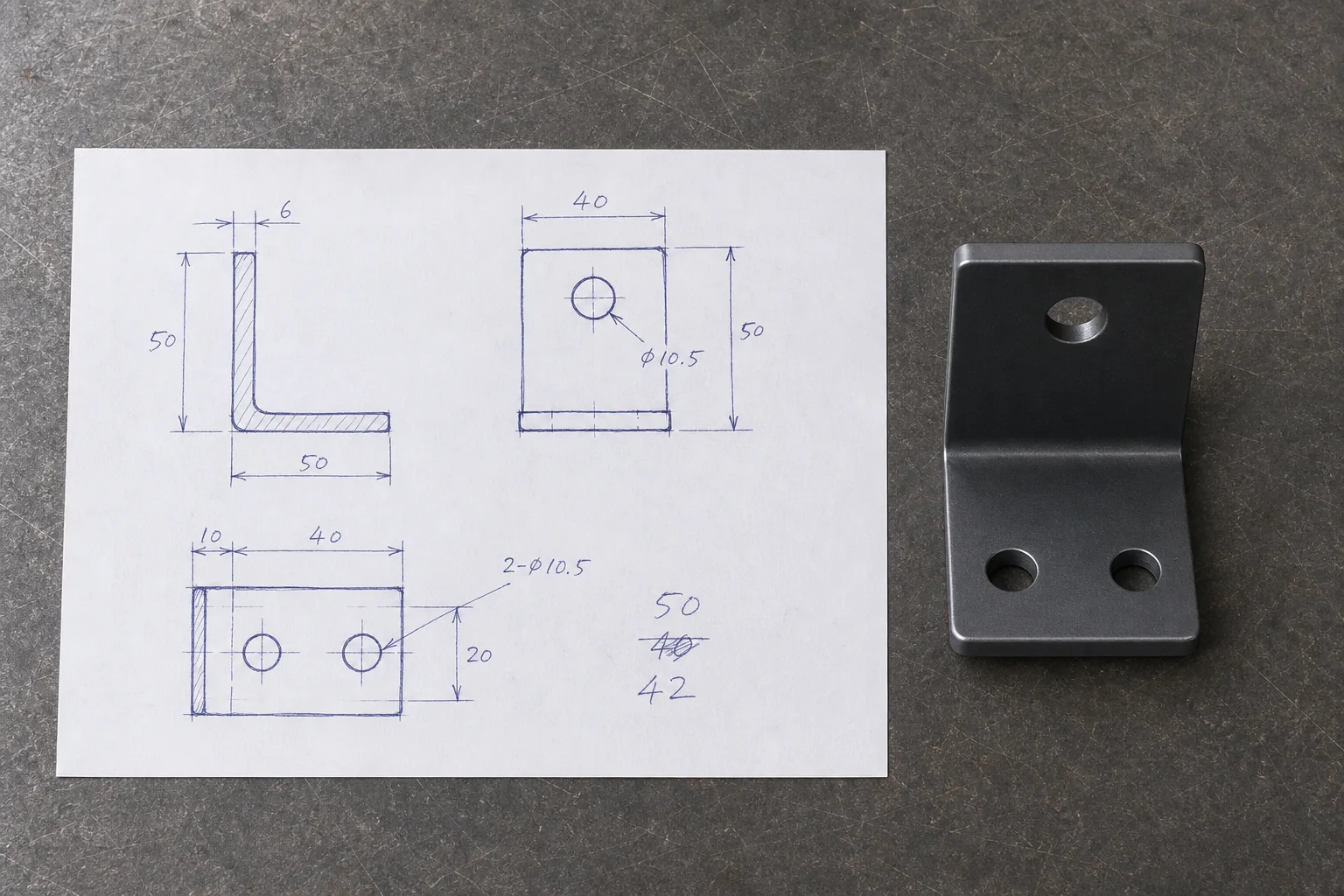 A ballpoint sketch of a bracket in three views, dimensions written beside the lines and one of them crossed out and rewritten, lying on a bench beside the finished bracket made from it