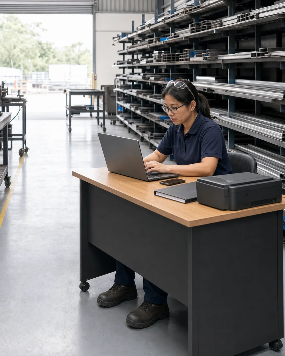 Nok at a desk on the workshop floor, with the open roller door and steel racking behind her