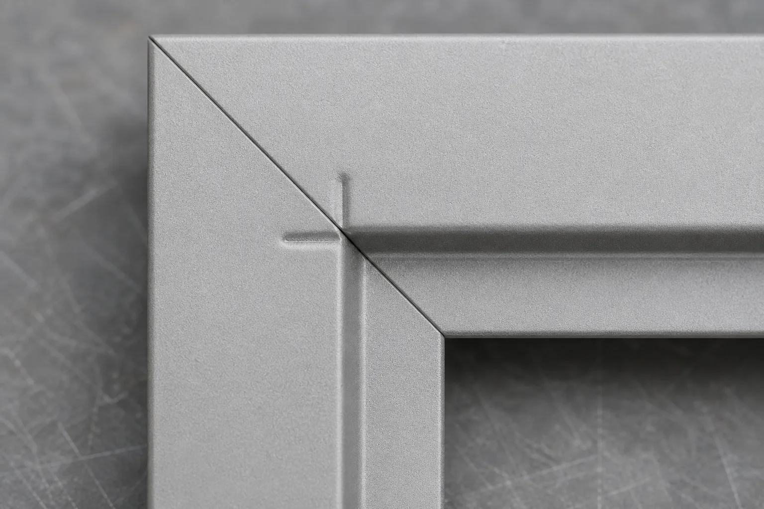 A close view of a powder-coated aluminium frame corner, mitred at 45 degrees, the joint line tight and even with no weld along it