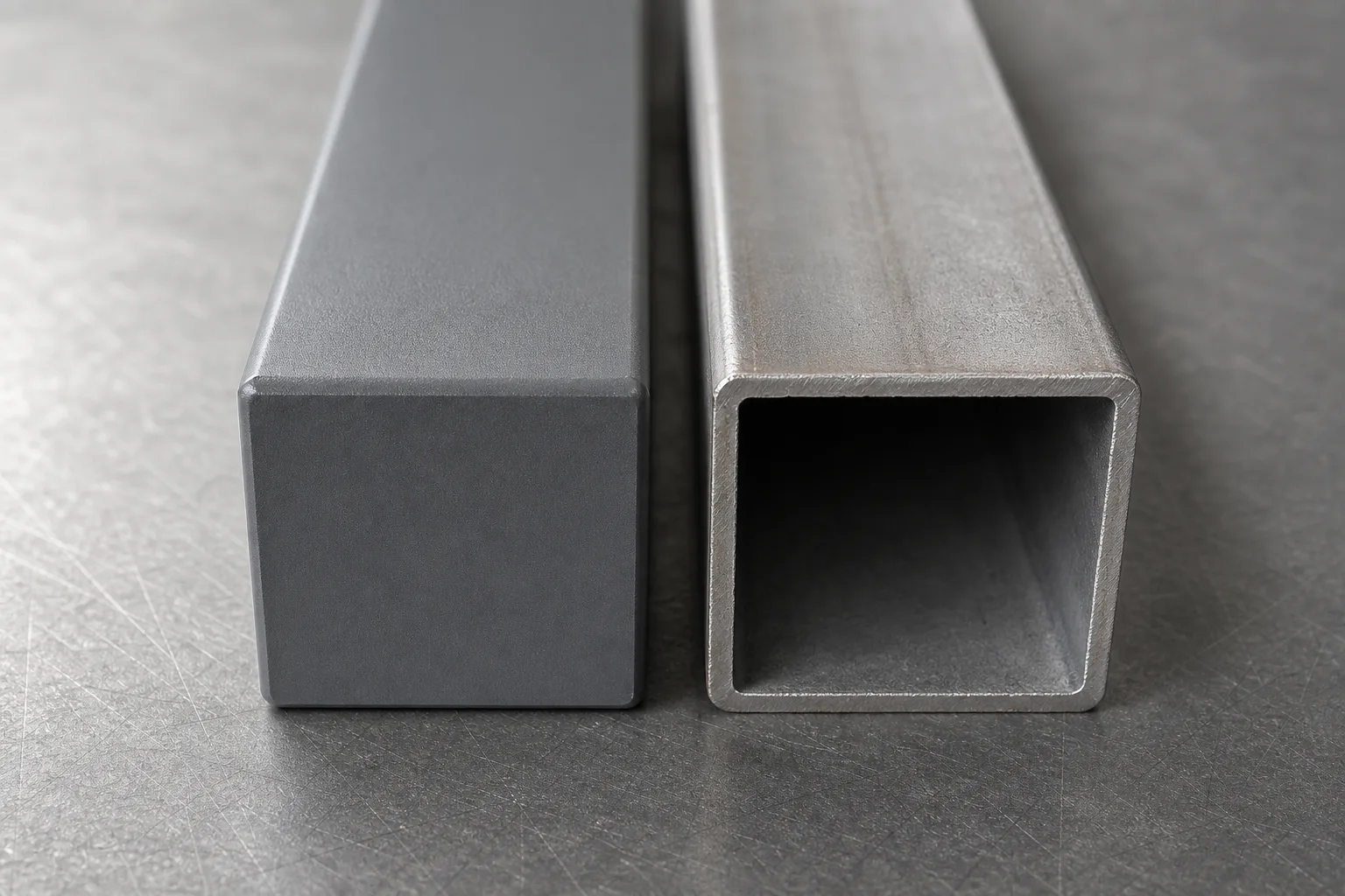 A close view of a powder-coated square tube with a capped end, beside a bare cut end