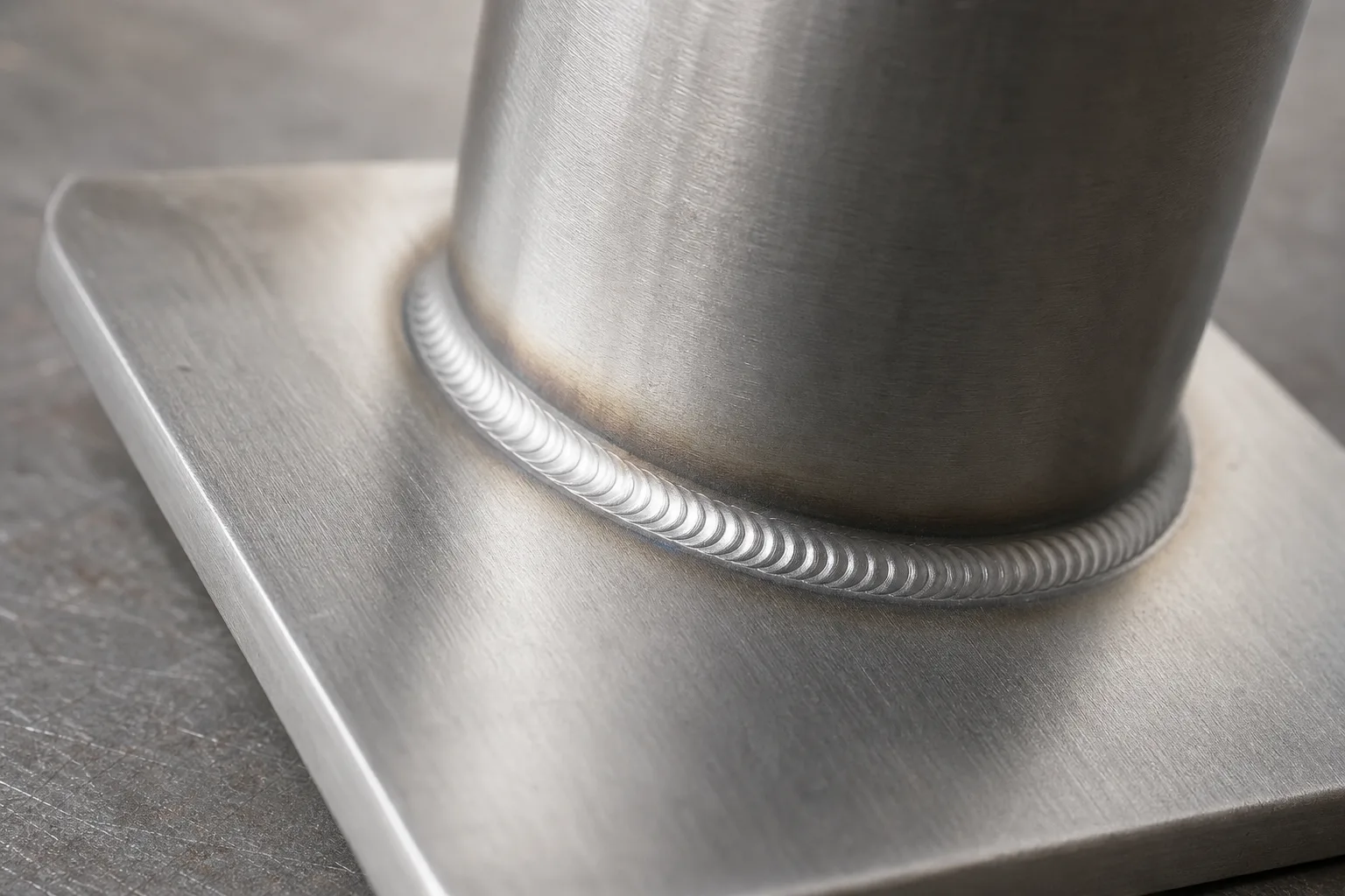 A close view of the TIG weld running around a stainless post where it meets its base plate, the bead evenly stacked and free of spatter