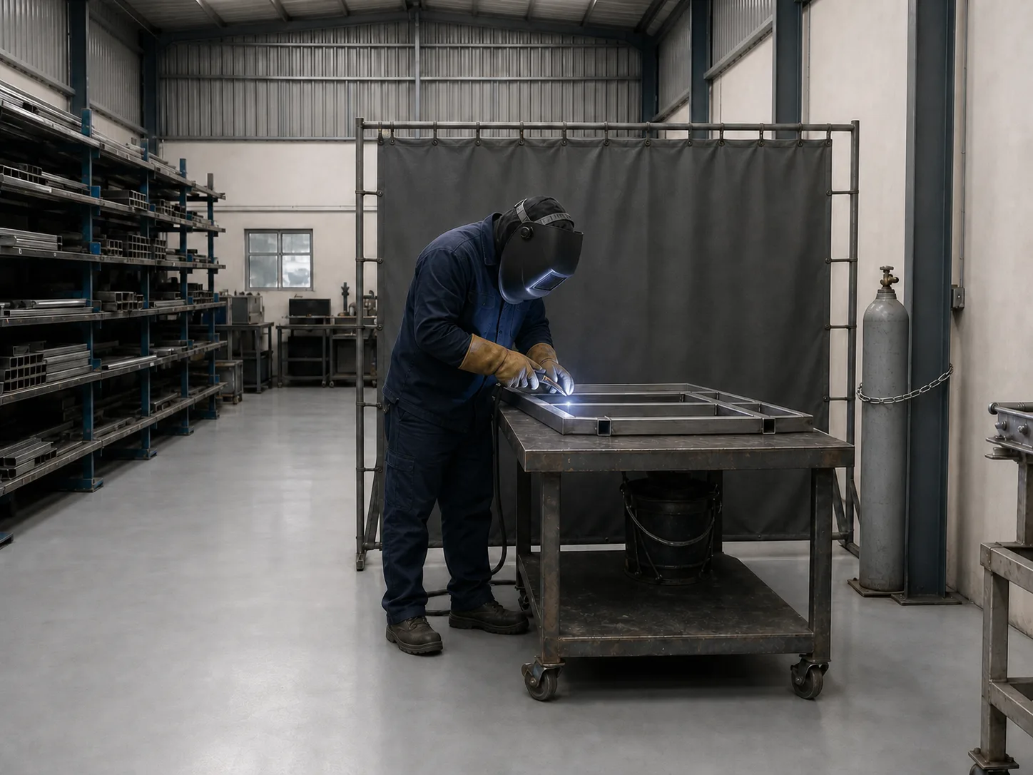 A welder at work in a bay with the helmet down, gloves on and sleeves rolled down