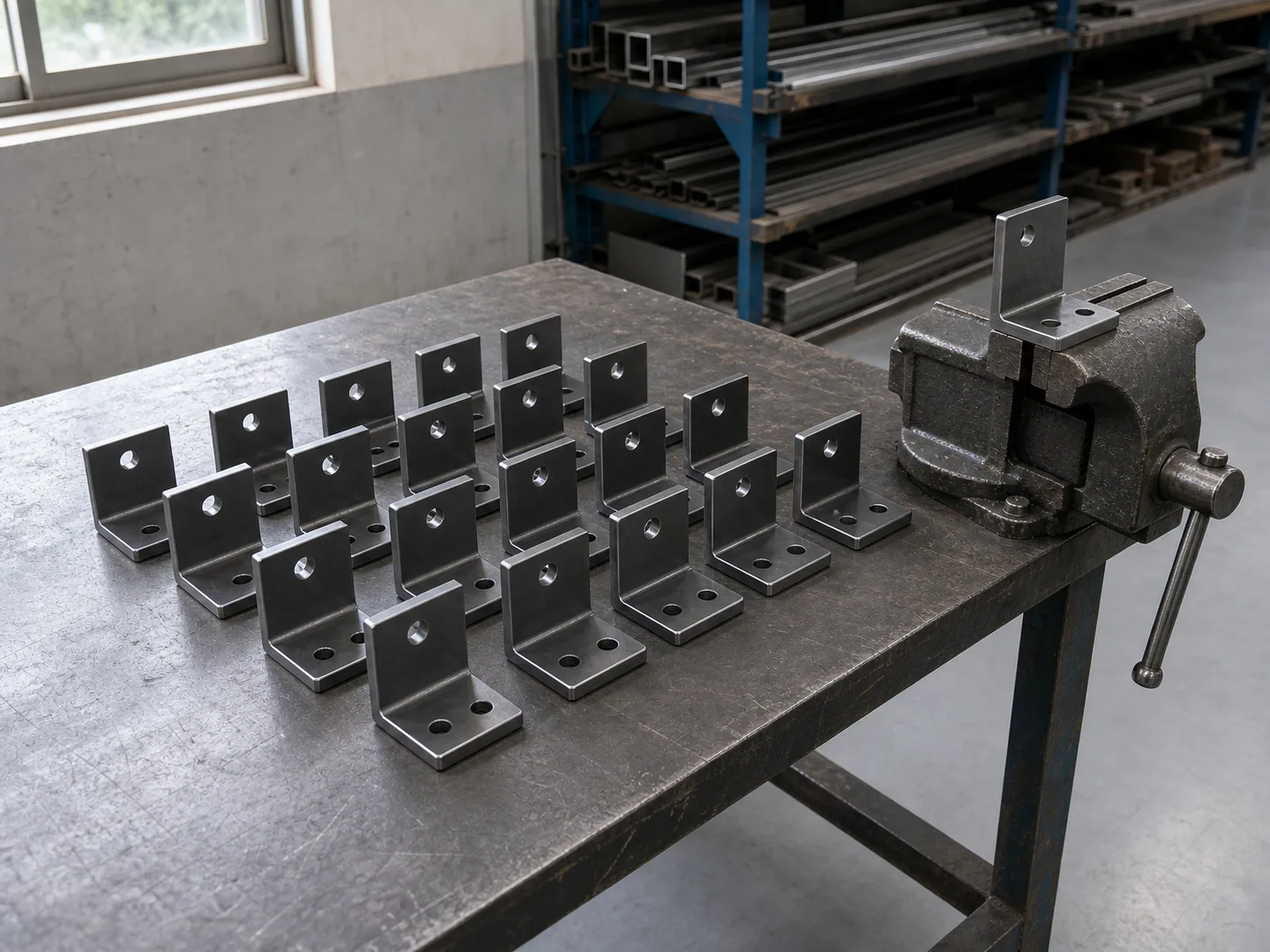 About twenty finished steel brackets laid out in rows on a workbench, with one still in the vice